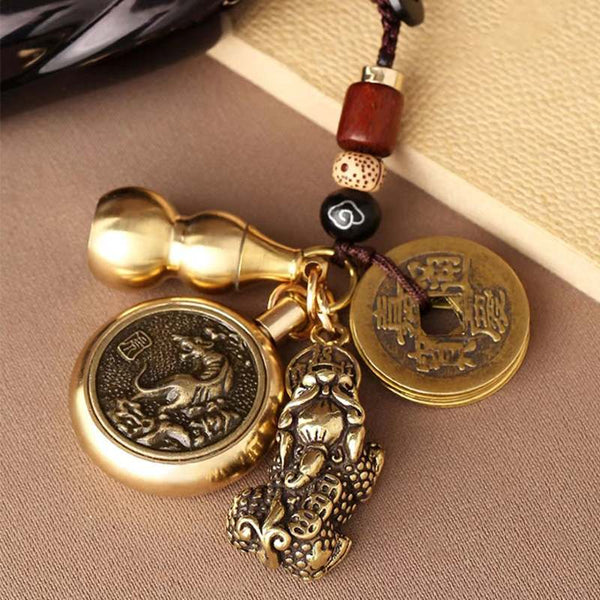 Brass Chinese Zodiac Keychain With Pixiu And Five Emperors' Coins - Buddha Pureland