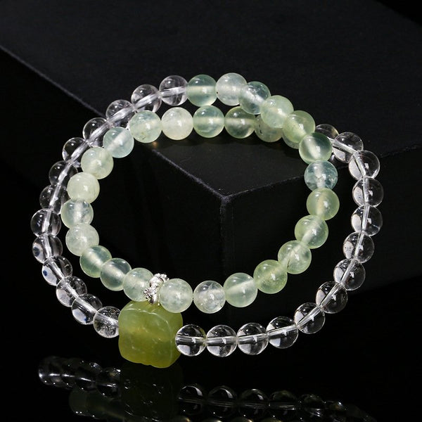 Crystal Bead Bracelet with Natural White Crystal & Prehnite Double Circle