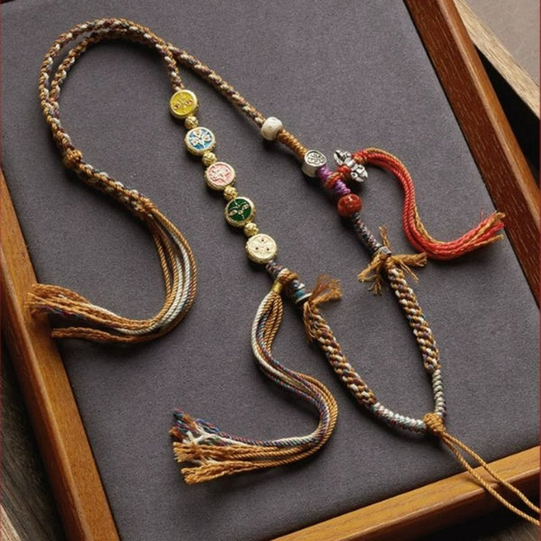 Hand-Woven Tibetan Necklace Rope with Five Gods of Wealth