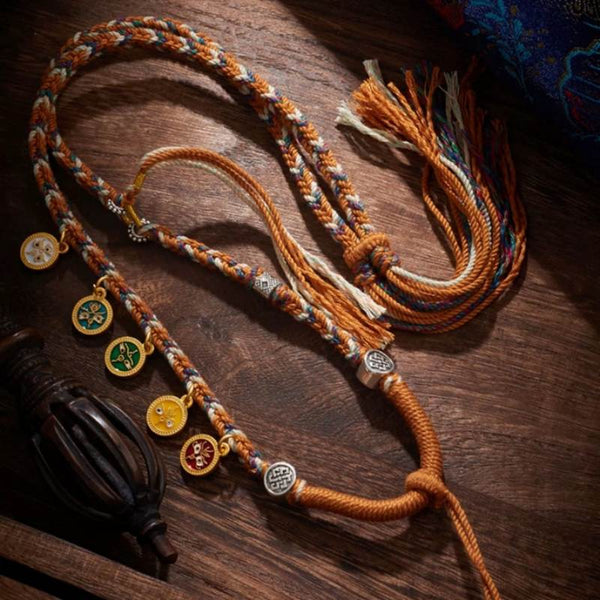 Hand-Woven Tibetan Necklace with Five Gods of Wealth in Sand Gold