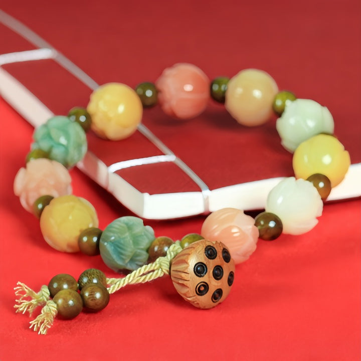 Lotus White Jade Bodhi Rainbow Bracelet - Good Luck Continuous - Buddha Pureland