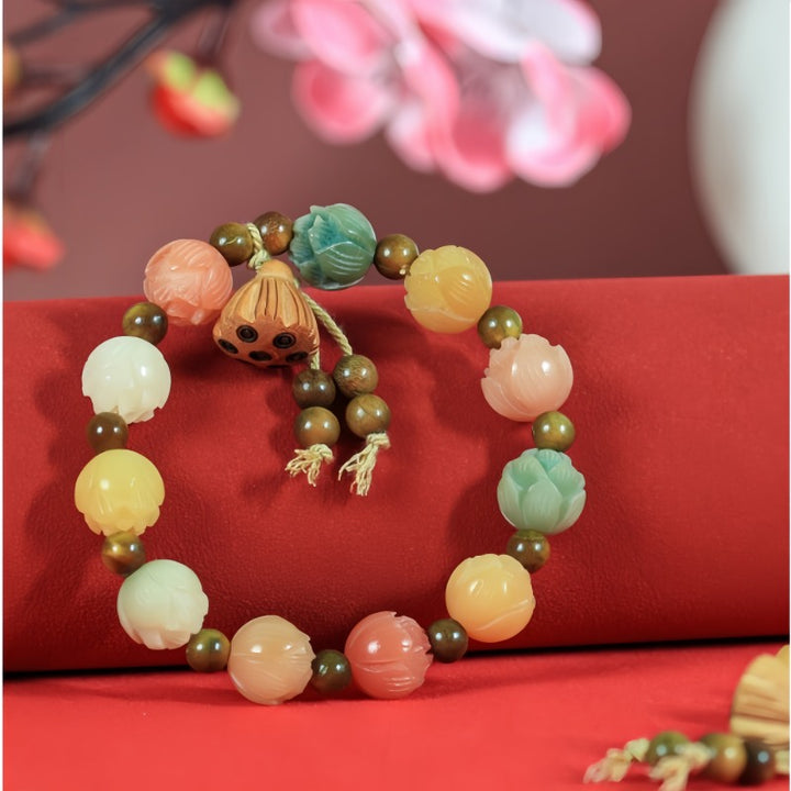 Lotus White Jade Bodhi Rainbow Bracelet - Good Luck Continuous - Buddha Pureland