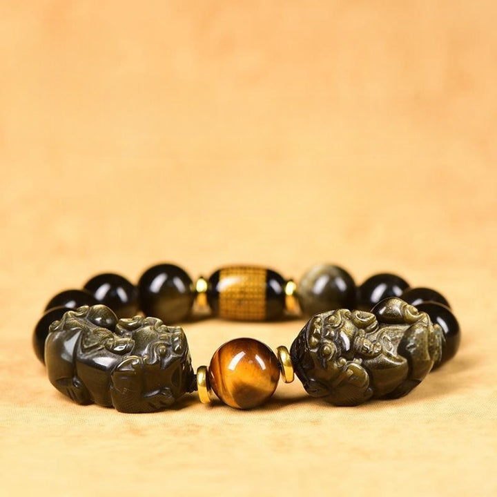 Natural Gold Obsidian Bracelet With Double Pixiu - Buddha Pureland