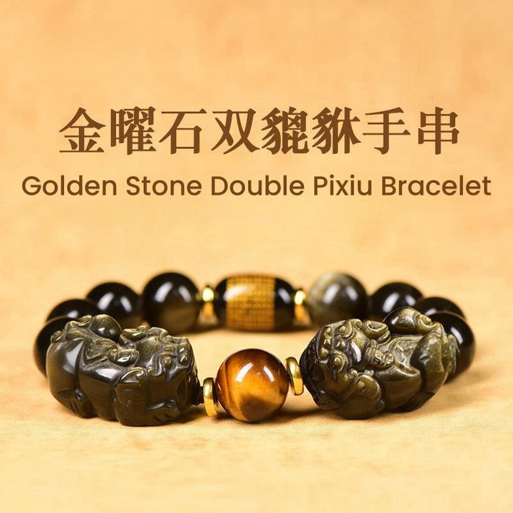 Natural Gold Obsidian Bracelet With Double Pixiu - Buddha Pureland