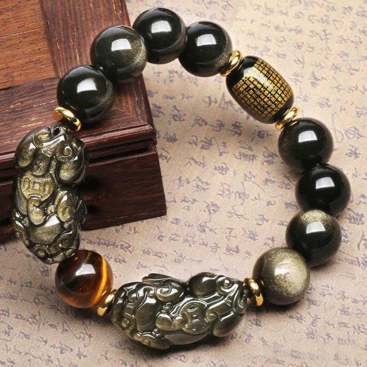 Natural Gold Obsidian Bracelet With Double Pixiu - Buddha Pureland