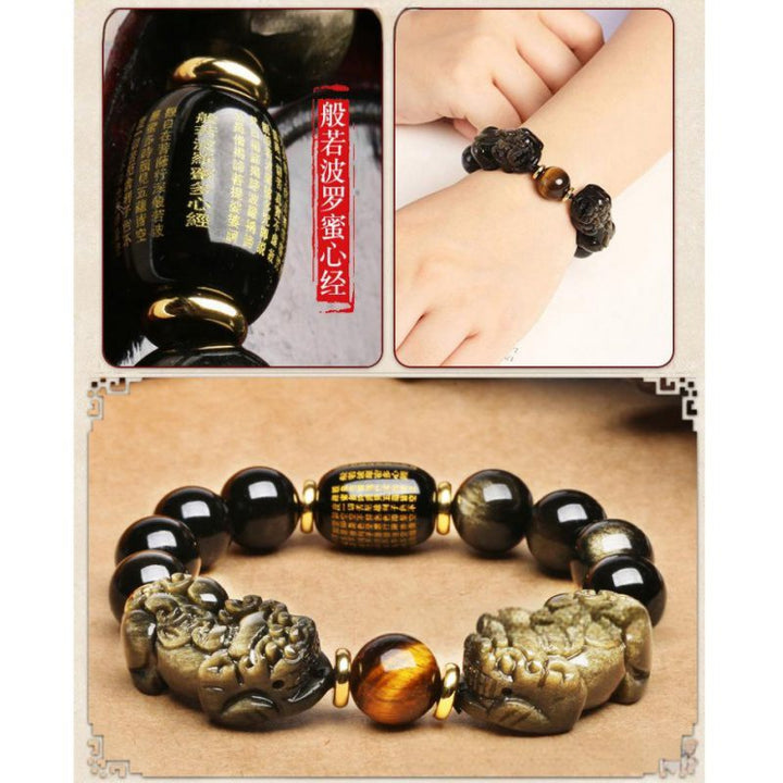 Natural Gold Obsidian Bracelet With Double Pixiu - Buddha Pureland