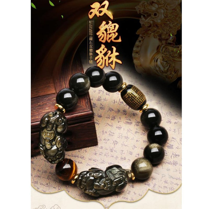 Natural Gold Obsidian Bracelet With Double Pixiu - Buddha Pureland