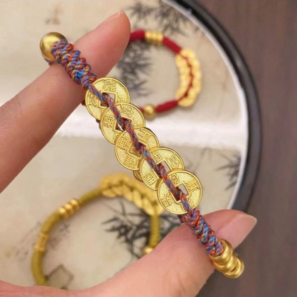 Red String Bracelet with Five Emperors Money - Fortune Protection