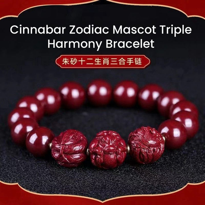 Cinnabar Zodiac Bracelet Triple Harmony Mascot - Success & Protection - Buddha Pureland