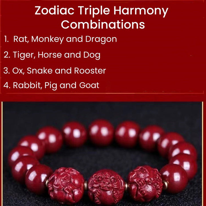 Cinnabar Zodiac Bracelet Triple Harmony Mascot - Success & Protection - Buddha Pureland